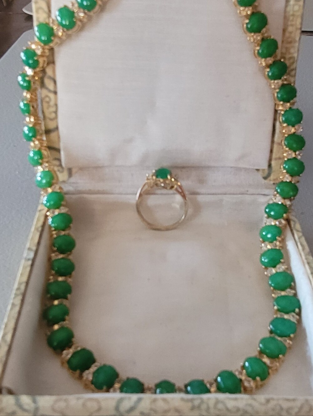 Green Jade Cabochon Gold- Plated With Zirconia Necklace & Ring Set